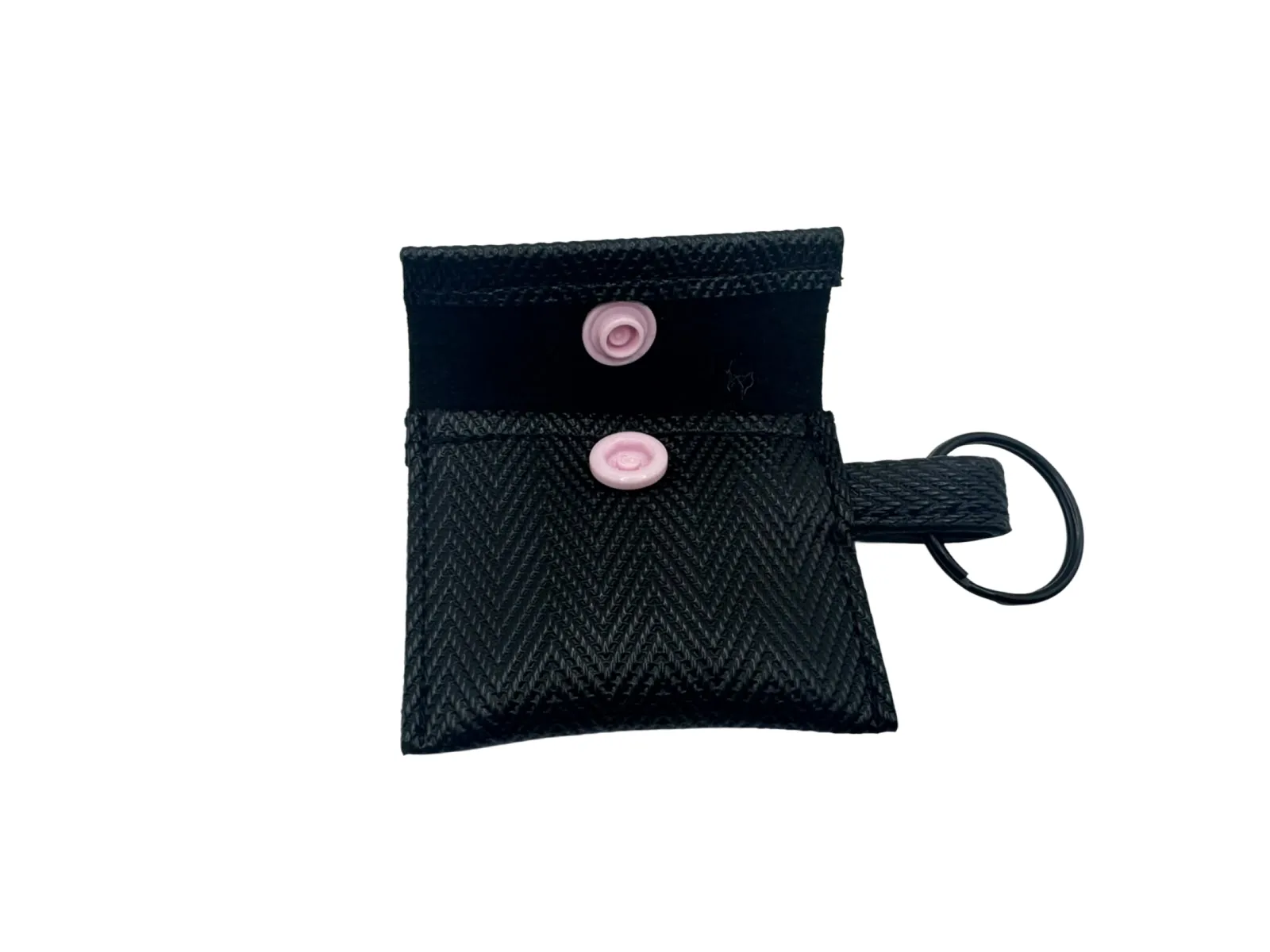 Mini-Portemonnaie aus schwarzem Fischgrat-Stoff mit geöffneter Klappe, rosa Druckknopf und Schlüsselring